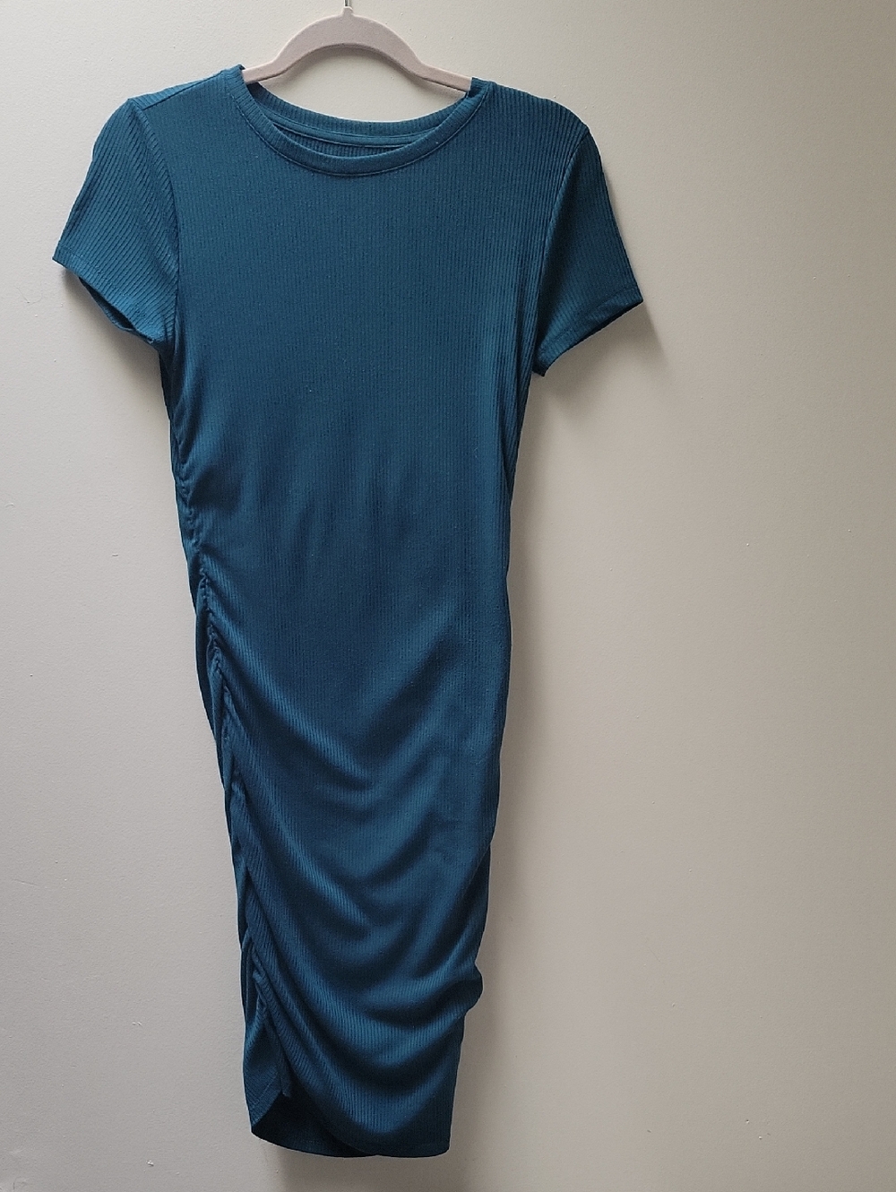 Teal Ribbed Side-Ruched Midi Dress